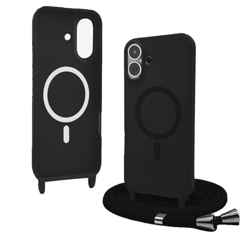 Bigcousin Handykette für iPhone 16 Plus Hülle mit Band,Magnetisch kompatibel mit Magsafe,Silikon Necklace Handyhülle mit verstellbar und abnehmbar,Schwarz von Bigcousin