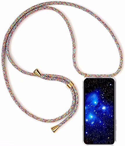 Bigcousin Schutzhülle kompatibel mit iPhone 12 (6,7), Schutzhülle mit Kordel, Schutzhülle aus Silikon mit Halskette, tragbar, Regenbogen Gelb von Bigcousin