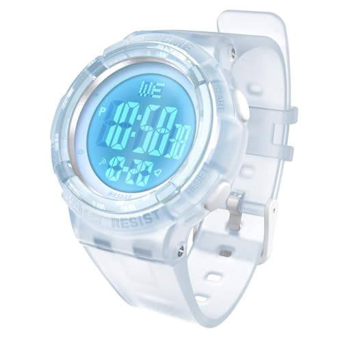 Bigmeda Uhren für Kinder Mädchen Jungen 50 M Wasserdicht Sports Outdoor Digitaluhr Kinder Armbanduhr mit Wecker/Stoppuhr/EL-backLicht/Datum (GD-Transparent Blau) von Bigmeda