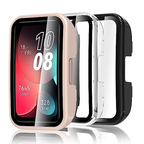 Bigqin 3 Stück Schutzhülle Kompatibel mit Huawei Band 8/Huawei Band 9, Rundum Hülle mit Displayschutzfolie HD Ultradünne Cover PC Gehäuse mit gehärtetem Glas - Transparent, Schwarz, Rosa von Bigqin