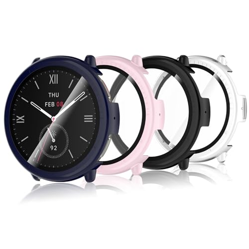 Bigqin 4 Stück Schutzhülle Kompatibel mit Amazfit Active 2, Hart PC Hülle mit Displayschutzfolie, HD Case Cover mit gehärtetem Glas - Rosa/Schwarz/Blau/Transparent von Bigqin