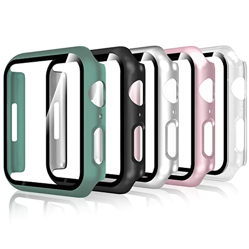 Bigqin 5 Stück Hülle Kompatibel mit Apple Watch Series 9/8/7 41mm, Schutzhülle mit Glas Displayschutz Vollschutz Kratzfeste HD Case Kompatibel mit iWatch, Schwarz, Grün, Pink, Silber, Transparent von Bigqin