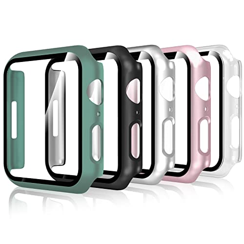 Bigqin 5 Stück Hülle Kompatibel mit Apple Watch Series 9/8/7 45mm, Schutzhülle mit Glas Displayschutz Vollschutz Kratzfeste HD Case Kompatibel mit iWatch, Schwarz, Grün, Pink, Silber, Transparent von Bigqin