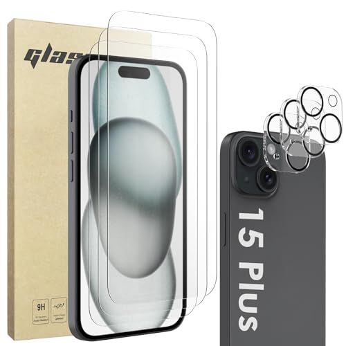Bigqin Displayschutzfolie kompatibel mit iPhone 15 Plus 6,7 Zoll 2023, Schutzfolie Displayschutz Folie mit Kameraschutz, Anti-Kratzer, HD Klar, 9H Härte Schutz Glas, 3+3 Stück von Bigqin