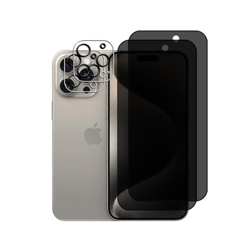 Bihizei Privacy Sichtschutz für iPhone 15 Pro für Panzerglas, 2 Stück Sichtschutzfolie und 2 Stück Kameraschutz, 9H Härte Panzerglas, Anti-Spy Schutzglas, Anti-Spion, Anti-Kratzen Displayschutzfolie von Bihizei