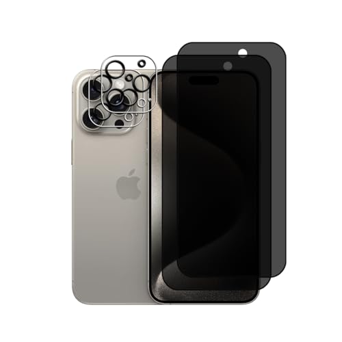Bihizei Privacy Sichtschutz für iPhone 15 Pro für Panzerglas, 2 Stück Sichtschutzfolie und 2 Stück Kameraschutz, 9H Härte, Anti-Spy Schutzglas, Anti-Spion, Anti-Kratzen Displayschutzfolie von Bihizei