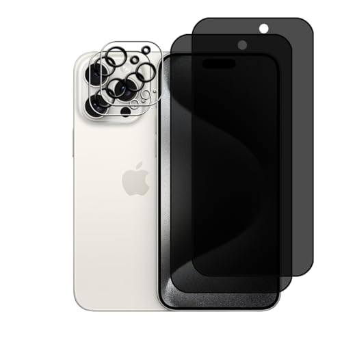 Bihizei Privacy Sichtschutz für iPhone 15 Pro Max für Panzerglas, 2 Stück Sichtschutzfolie und 2 Stück Kameraschutz, 9H Härte Panzerglas, Anti-Spy Schutzglas, Anti-Kratzen Displayschutzfolie von Bihizei