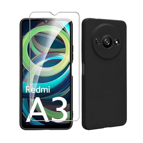 Bihizei Silikon Hülle Kompatibel mit Xiaomi Redmi A3, mit 1 Stück für Panzer Schutz Glas Schutzfolie, Ultradünnes Weiches TPU Silikon Schutzhülle- Schwarz von Bihizei