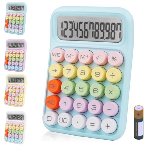 Bimormat Bunter elektronischer Taschenrechner, 12-stelliges großes LCD-Display und große runde Tasten, bonbonfarbener Tischrechner für Büro, Schule, Zuhause, Geschäft (UK-COCA-Blau) von Bimormat