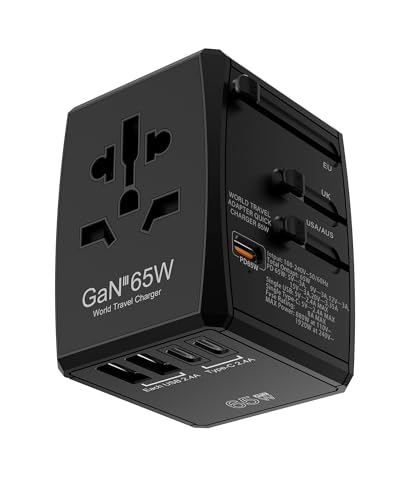 Binamao Reiseadapter Weltweit,65W GaN Reisestecker Adapter Weltweit,Universal Travel Adapter Schnellladegerät 2USB-A & 3USB-C,Internationales Ladegerät mit UK/EU/AU/US für MacBook Laptops iPad iPhone von Binamao