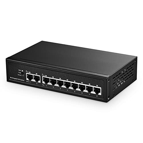 Binardat 10 Port Gigabit POE Switch, 8 POE+ Ports 1000Mbps, 2 Gigabit Uplink, IEEE802.3af/at, 120W Internal Power Supply, Metal Case Unmanaged Plug and Play von Binardat