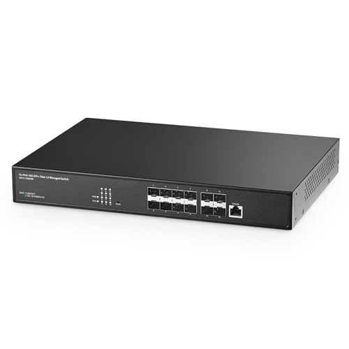 Binardat 12 Port 10 Gigabit SFP Verwalteter Switch, Unterstützt 1G und 10G SFP+-Modul, 240Gbps Bandbreite, L3 Web/CLI Verwaltet, Metall Lüfterloser Glasfaser-Netzwerk-Switch von Binardat