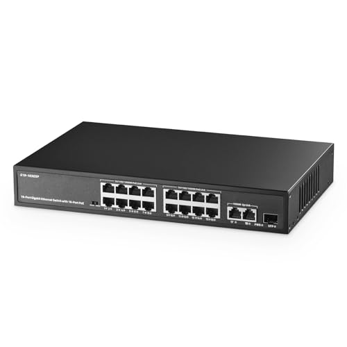 Binardat 19 Port Gigabit POE Switch, 16 POE+ Ports 1000Mbps, 2 Gigabit Uplink, 1 Gigabit SFP, IEEE802.3af/at, 300W Internal Power Supply, Metal Case Unmanaged Plug and Play von Binardat