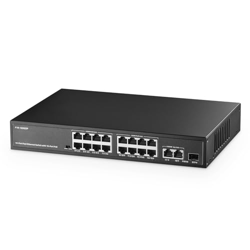 Binardat 19 Port POE Switch, 16 POE+ Ports 100Mbps, 2 Gigabit Uplink, 1 Gigabit SFP, IEEE802.3af/at, 300W Internal Power Supply, Metal Case Unmanaged Plug and Play von Binardat