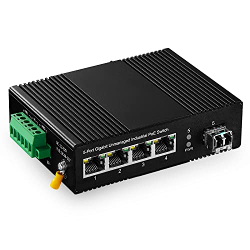 Binardat 5 Port Gigabit PoE Din Rail Industrial Ethernet Switch, 4 PoE IEEE802.3af/at, 1 SFP Port mit 20km LC Modul, mit einem 60W PoE Netzteil von Binardat