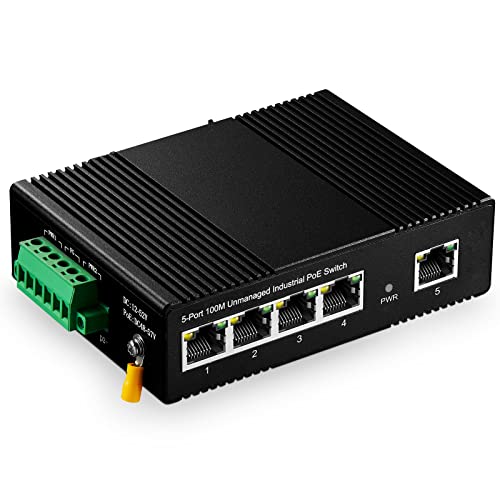 Binardat 5 Port PoE Din Rail Industrial Ethernet Switch, 4 PoE IEEE802.3af/at, 1 Uplink, 10/100Mbps, lüfterlose Wandmontage, mit einem 60W PoE Netzteil von Binardat
