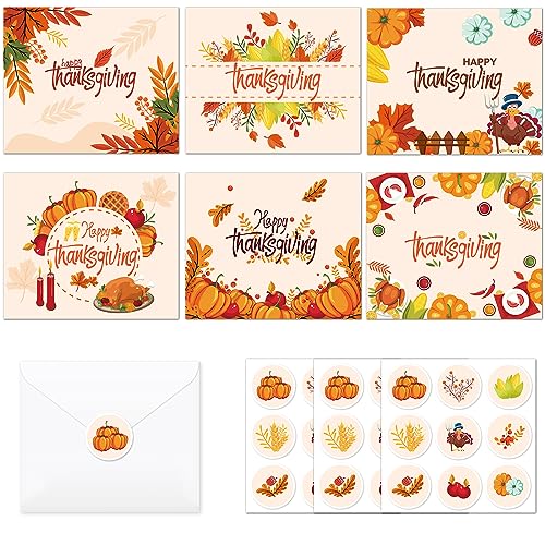 Binggunyo 24 Stück Happy Thanksgiving Grußkarte mit 24 Umschlag und 27 Aufklebern, Deko Grußkarte mit Mustern aus Kürbissen, Truthahn, Getreide und Herbst Ernte, Erntedank für Familie Freunde von Binggunyo