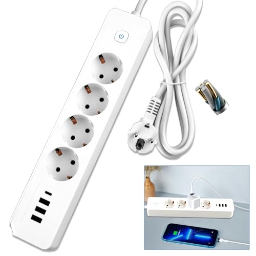 Steckdosenleiste 4-Fach mit 4 USB Ladeanschlüsse, Mehrfachsteckdose mit Schalter, Steckerleiste Überspannungsschutz 3680W 16A Mehrfachstecker mit USB C Verteilersteckdose Büro CD-Player,1.8M Kabel von Binggunyo