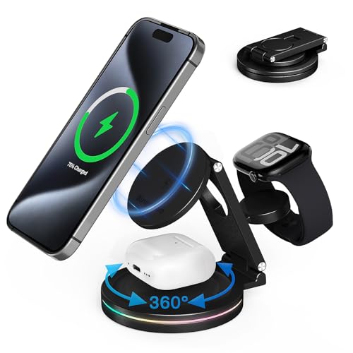 BingoHive 3 in 1 drahtlose Ladestation für iPhone & Apple Watch & AirPods, 360 rotierende 15W Schnellladestation kompatibel mit iPhone 12-16 Serie Zinklegierung Faltbarer Ladestation mit Magnet von BingoHive