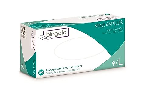 BINGOLD Vinyl 45PLUS Einmalhandschuhe, puderfrei, transparent, unsteril, 240 mm Länge, EN 455 & EN 374 zertifiziert, Kategorie III, latexfrei, für Pflege und Reinigung, 100 Stück von Bingold