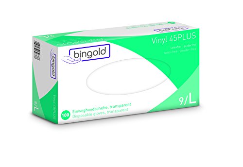 Bingold 604637Karton Vinyl 45Plus Einmal Handschuhe, Größe L, Transparent, 1000 Stück von Bingold