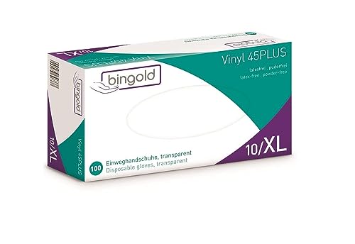 Bingold 604638 Vinyl 45Plus Einmal Handschuhe, Größe XL, Transparent, 100 Stück von Bingold
