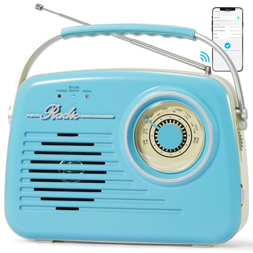 Radios Portable Am Fm, Kleine Retro Vintage Radio Bluetooth, AA-Batterie betriebene Radio oder Stecker in der Wand, Unterstützung SD-Karte AUX USB MP3-Player für Haus/Outdoor (Blue) von Bingxue