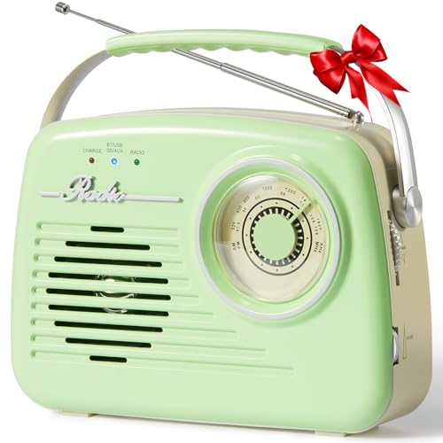 Radios Portable Am Fm, Kleine Retro Vintage Radio Bluetooth, AA-Batterie betriebene Radio oder Stecker in der Wand, Unterstützung SD-Karte AUX USB MP3-Player für Haus/Outdoor (Green) von Bingxue