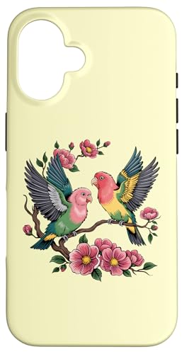 Bunte Lovebirds auf Blumenzweig-Illustration Hülle für iPhone 16 von Birdsnstuff (Anjeanette Hail)
