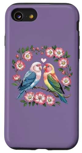 Bunte Lovebirds auf Blumenzweig-Illustration Hülle für iPhone SE (2020) / 7 / 8 von Birdsnstuff (Anjeanette Hail)