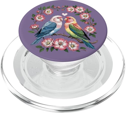 Bunte Lovebirds auf Blumenzweig-Illustration PopSockets PopGrip für MagSafe von Birdsnstuff (Anjeanette Hail)