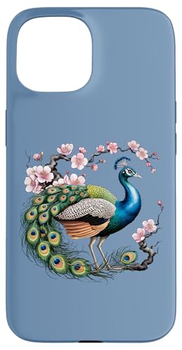 Elegante Pfauen- und Kirschblüten – Natur-Design Hülle für iPhone 15 von Birdsnstuff (Anjeanette Hail)