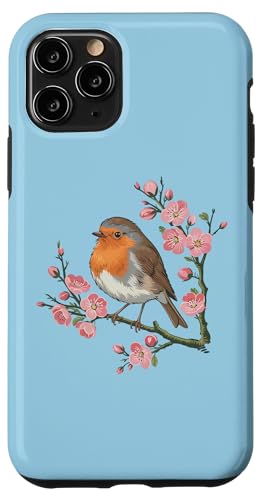 Europäisches Rotkehlchen sitzt unter blühenden rosa Blumen Hülle für iPhone 11 Pro von Birdsnstuff (Anjeanette Hail)