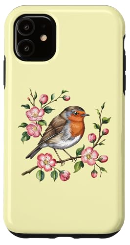Europäisches Rotkehlchen sitzt unter blühenden rosa Blumen Hülle für iPhone 11 von Birdsnstuff (Anjeanette Hail)