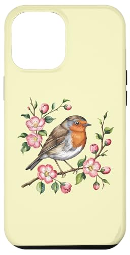 Europäisches Rotkehlchen sitzt unter blühenden rosa Blumen Hülle für iPhone 12 Pro Max von Birdsnstuff (Anjeanette Hail)