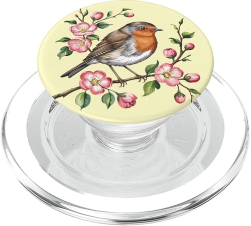 Europäisches Rotkehlchen sitzt unter blühenden rosa Blumen PopSockets PopGrip für MagSafe von Birdsnstuff (Anjeanette Hail)