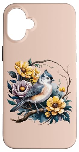 Getuftete Meise mit Frühlings-Wildblumen, Vogel-Themenkunst Hülle für iPhone 16 Plus von Birdsnstuff (Anjeanette Hail)