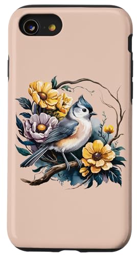 Getuftete Meise mit Frühlings-Wildblumen, Vogel-Themenkunst Hülle für iPhone SE (2020) / 7 / 8 von Birdsnstuff (Anjeanette Hail)