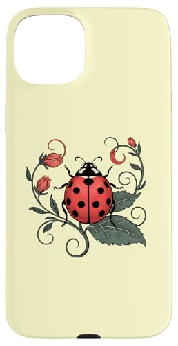 Marienkäfer auf Blatt mit eleganten Ranken-Akzenten Insektenkunst Hülle für iPhone 15 Plus von Birdsnstuff (Anjeanette Hail)