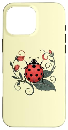 Marienkäfer auf Blatt mit eleganten Ranken-Akzenten Insektenkunst Hülle für iPhone 16 Pro Max von Birdsnstuff (Anjeanette Hail)