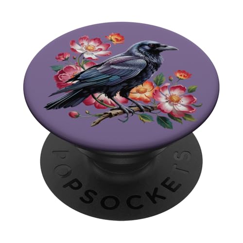 Mystischer Rabe mit Wildblumen, elegantes Natur-Kunstwerk PopSockets Klebender PopGrip von Birdsnstuff (Anjeanette Hail)