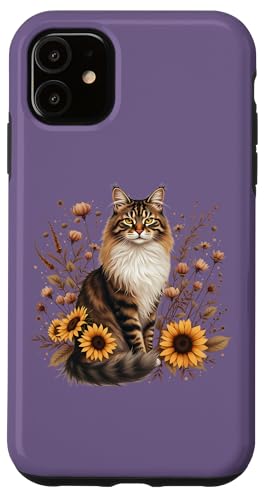 Rustikale Maine Coon Katze mit Sonnenblumen | Floral Feline Art Hülle für iPhone 11 von Birdsnstuff (Anjeanette Hail)