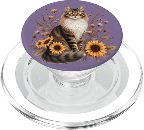 Rustikale Maine Coon Katze mit Sonnenblumen | Floral Feline Art PopSockets PopGrip für MagSafe von Birdsnstuff (Anjeanette Hail)