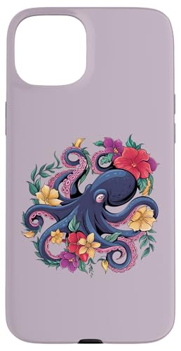Skurrile Oktopus mit tropischen Blumen Marine Lovers Hülle für iPhone 15 Plus von Birdsnstuff (Anjeanette Hail)
