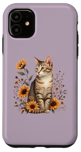 Tabby-Katze mit Sonnenblumen, rustikale botanische Katzenkunst Hülle für iPhone 11 von Birdsnstuff (Anjeanette Hail)