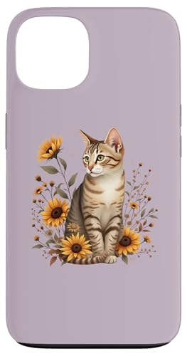 Tabby-Katze mit Sonnenblumen, rustikale botanische Katzenkunst Hülle für iPhone 13 von Birdsnstuff (Anjeanette Hail)