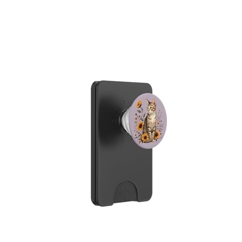 Tabby-Katze mit Sonnenblumen, rustikale botanische Katzenkunst PopSockets PopWallet für MagSafe von Birdsnstuff (Anjeanette Hail)