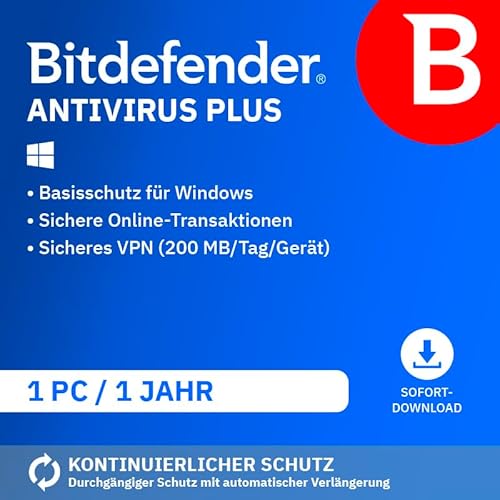 Bitdefender Antivirus Plus 2023 | 1 Gerät | 1 Jahr | PC | PC Aktivierungscode per Email von Bitdefender