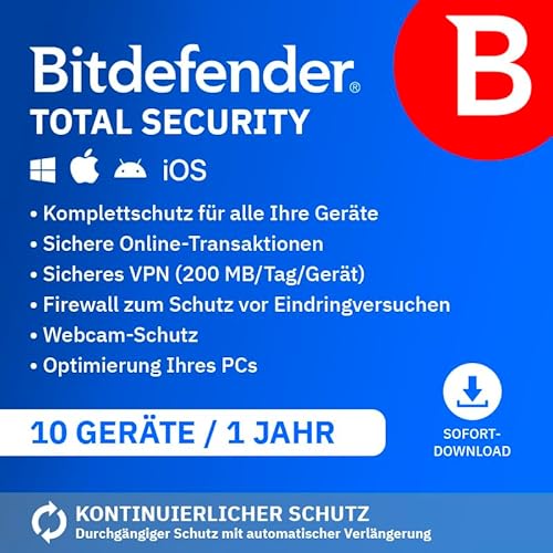 Bitdefender Total Security Multi Device 2024 | 10 Geräte | 1 Jahr | PC/Mac | Aktivierungscode per Email von Bitdefender