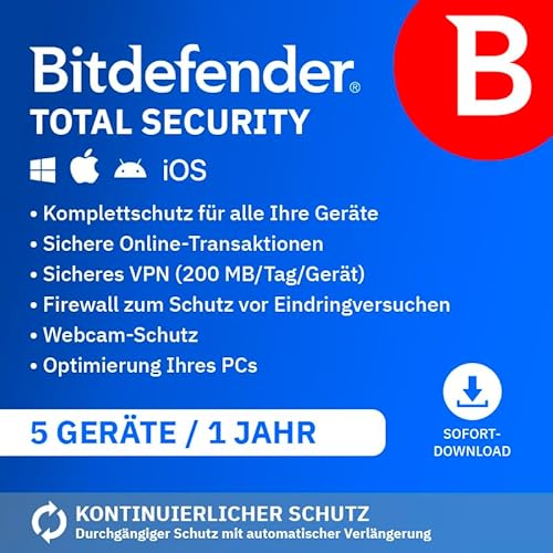 Bitdefender Total Security Multi Device 2024 | 5 Geräte | 1 Jahr | PC/Mac | Aktivierungscode per Email von Bitdefender